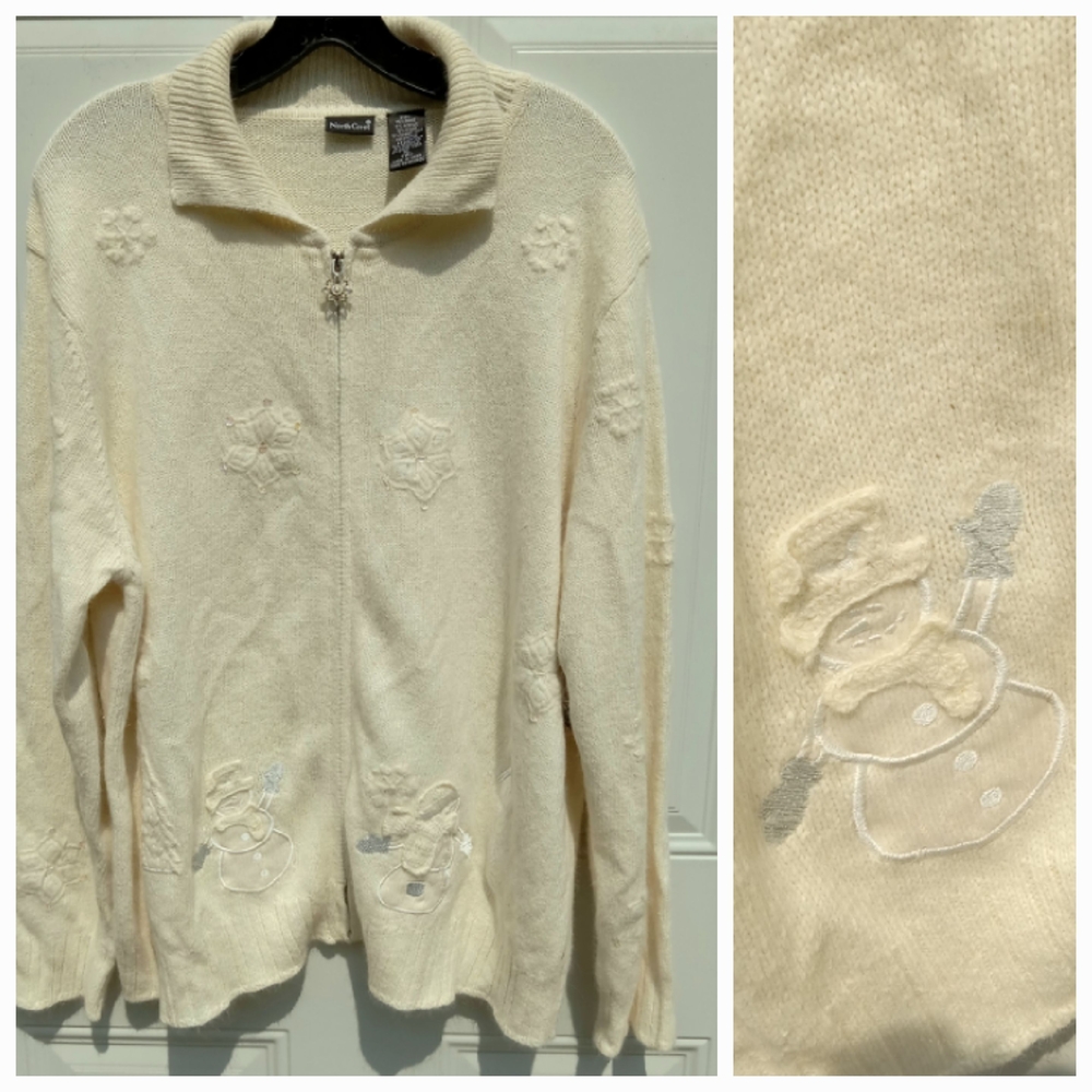 NWT Christmas Sweater Snowman Embroidery Cream Zip-Front Size XL NorthCrest
